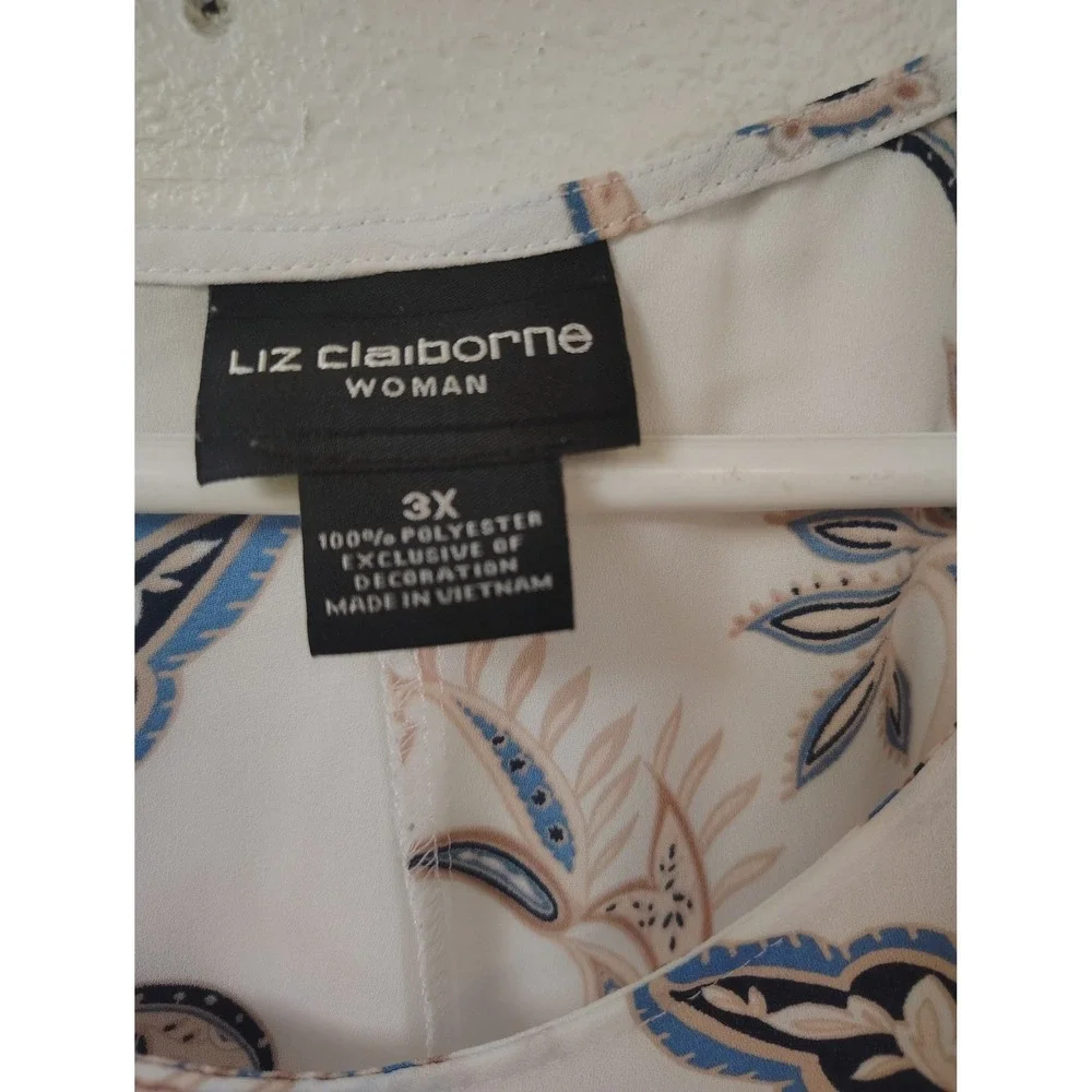 Liz Claiborne Woman 3X Paisley Blouse White‎ Blue Tan Lace Trim Short Sleeve Top